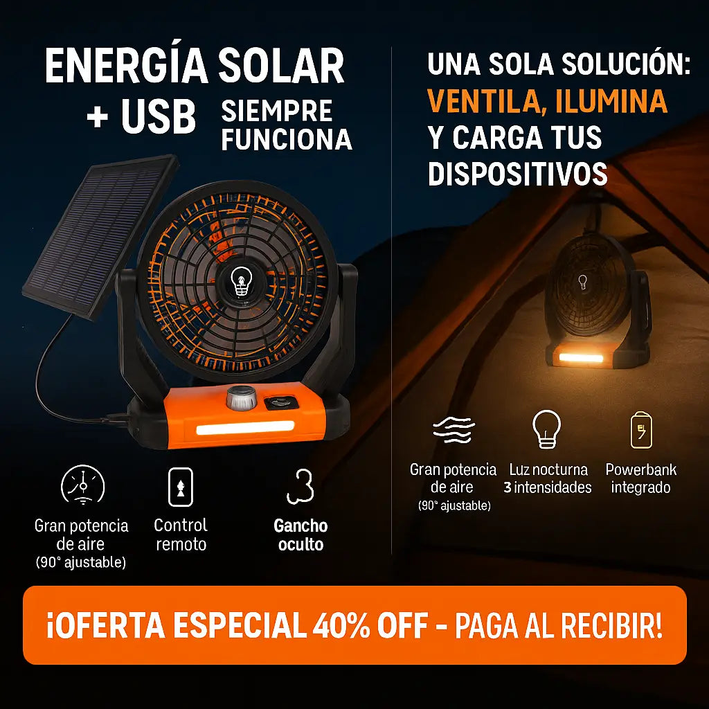 Ventilador Solar 3 en 1 portátil con Lámpara, Powerbank, Luz LED y Control Remoto