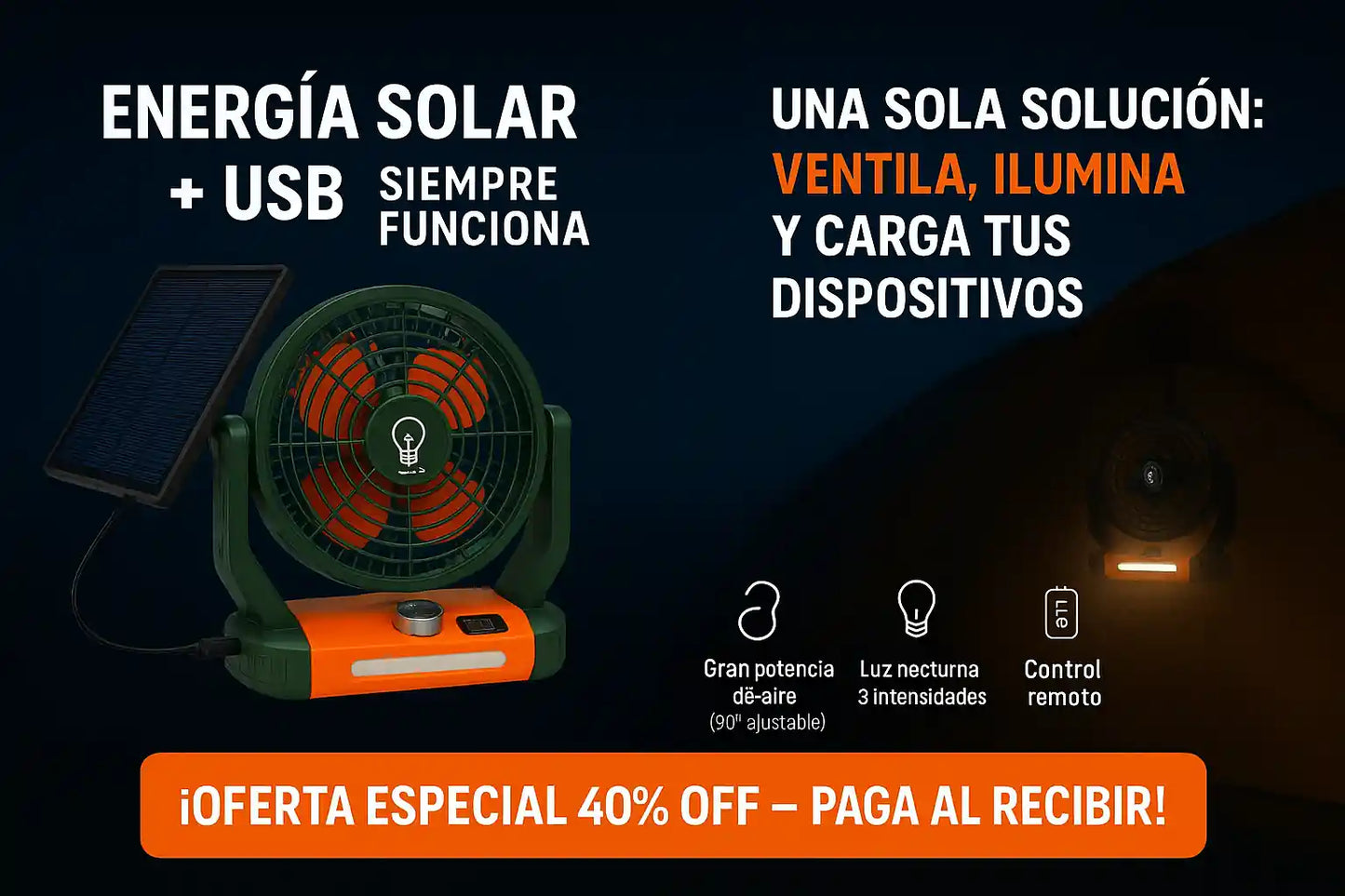 Ventilador Solar 3 en 1 portátil con Lámpara, Powerbank, Luz LED y Control Remoto