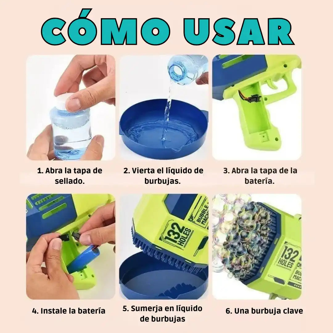 Pistola de Burbujas de 132 Agujeros 🎁 Gratis: x2 Líquidos de Burbujas | Batería recargable| Cable USB | Envío Gratis