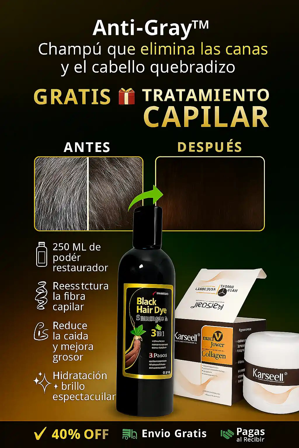 Anti-Gray™  Shampoo que elimina las canas y el cabello quebradizo 🎁 GRATIS TRATAMIENTO CAPILAR ➕ Envío Gratis