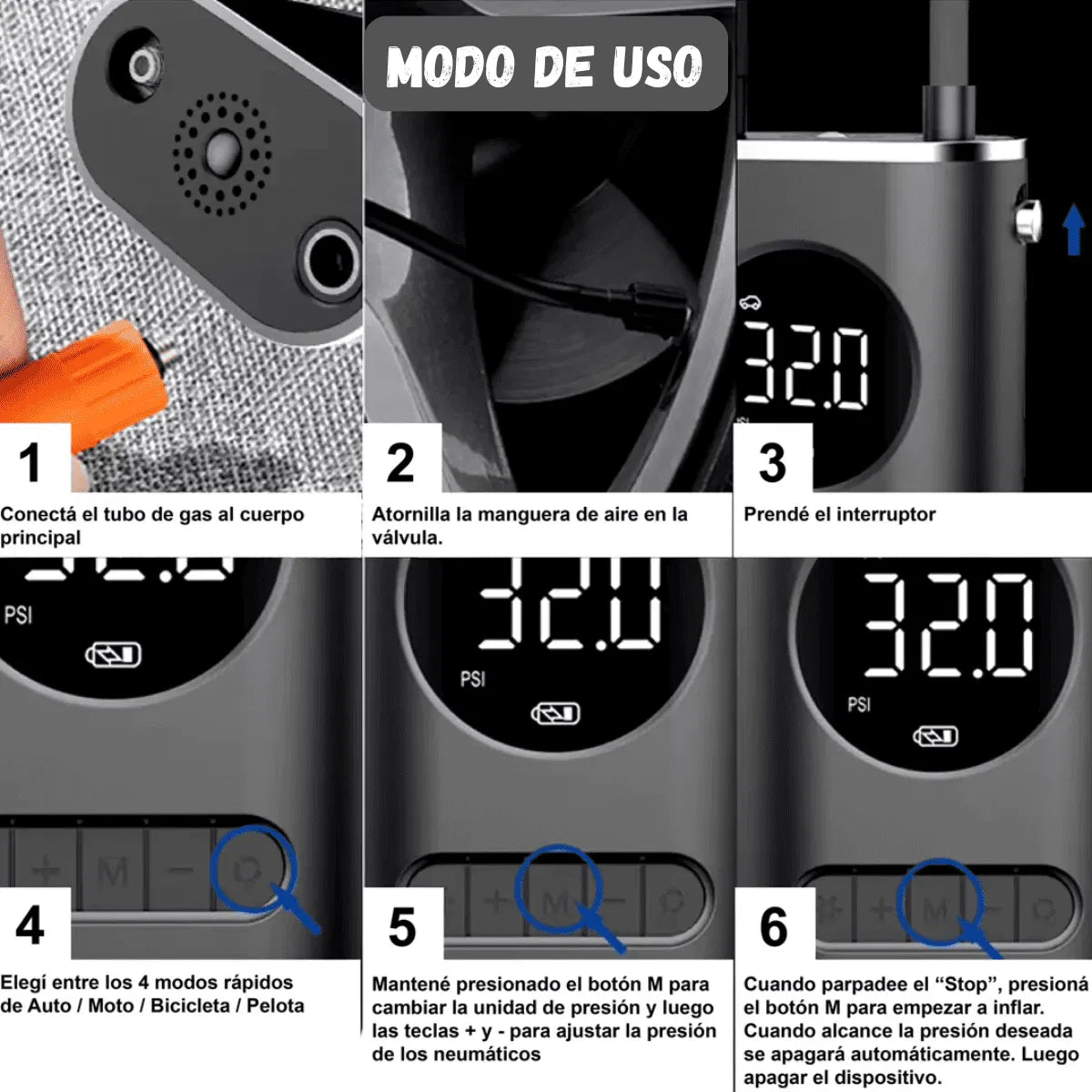 Compresor Digital de Aire Portatil para Auto, Moto, Bici, Pelota, y Más...