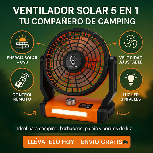 Ventilador Solar 3 en 1 portátil con Lámpara, Powerbank, Luz LED y Control Remoto